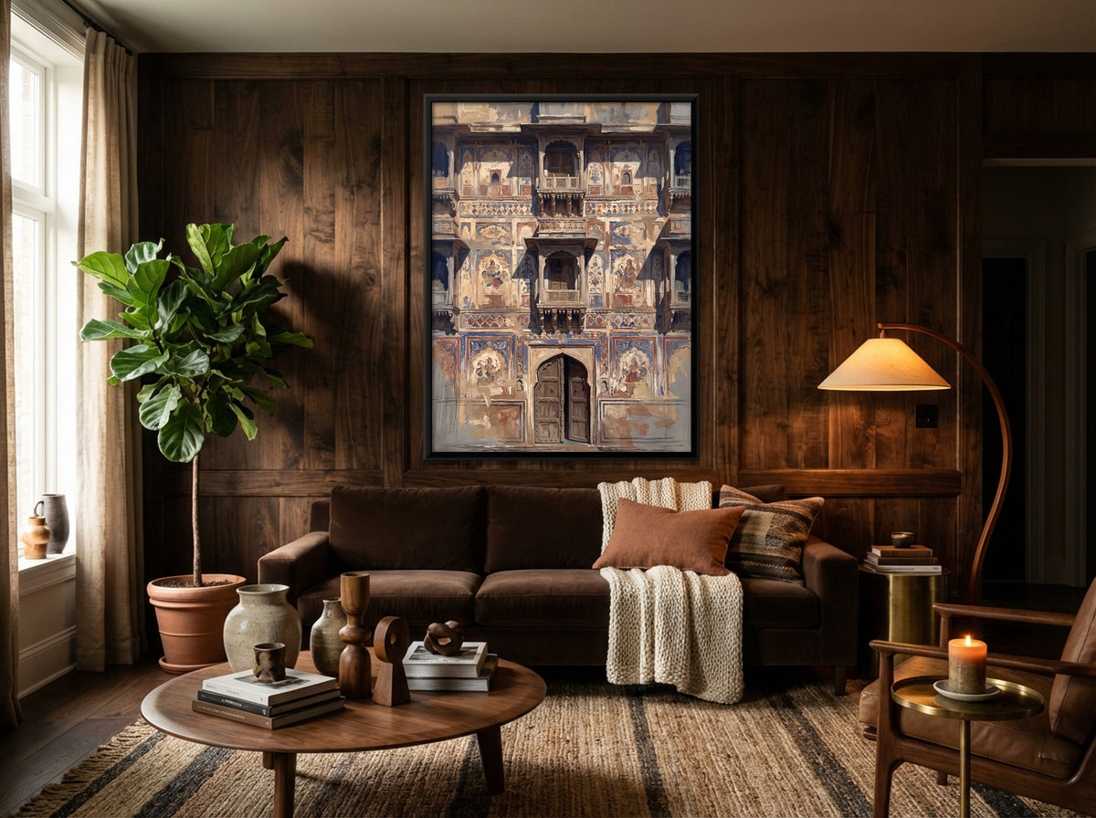 Carved Haveli Facade - canvas art shown in a styled room
