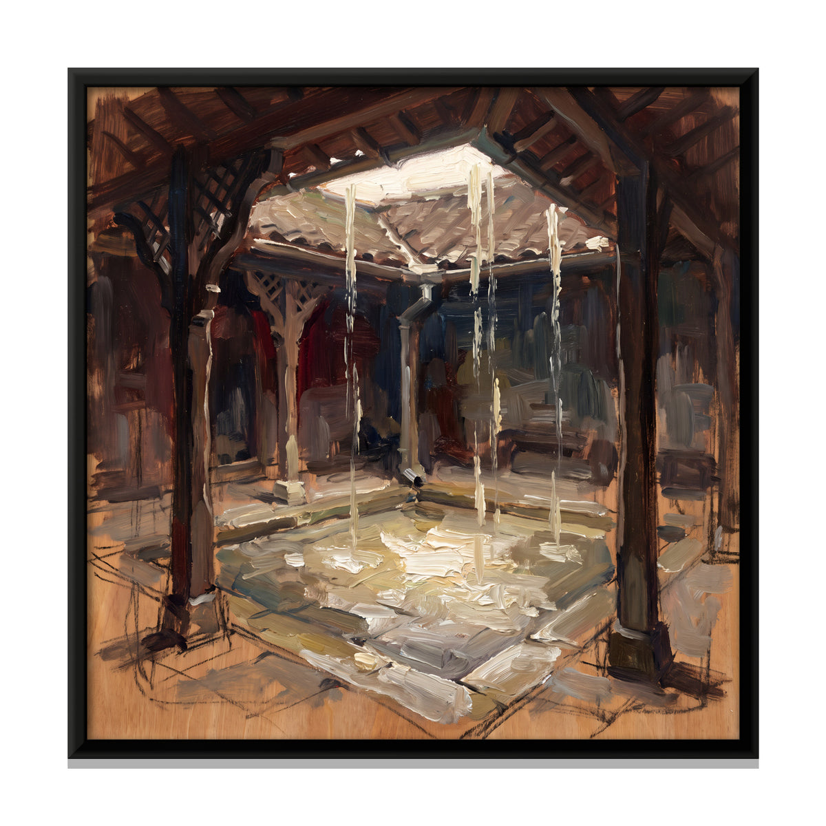 Rain Falling into a Courtyard - framed canvas print, front view
