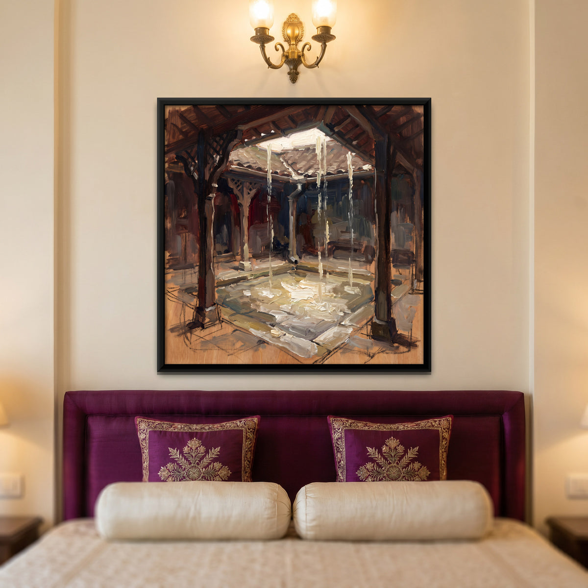 Rain Falling into a Courtyard - canvas art shown in a styled room