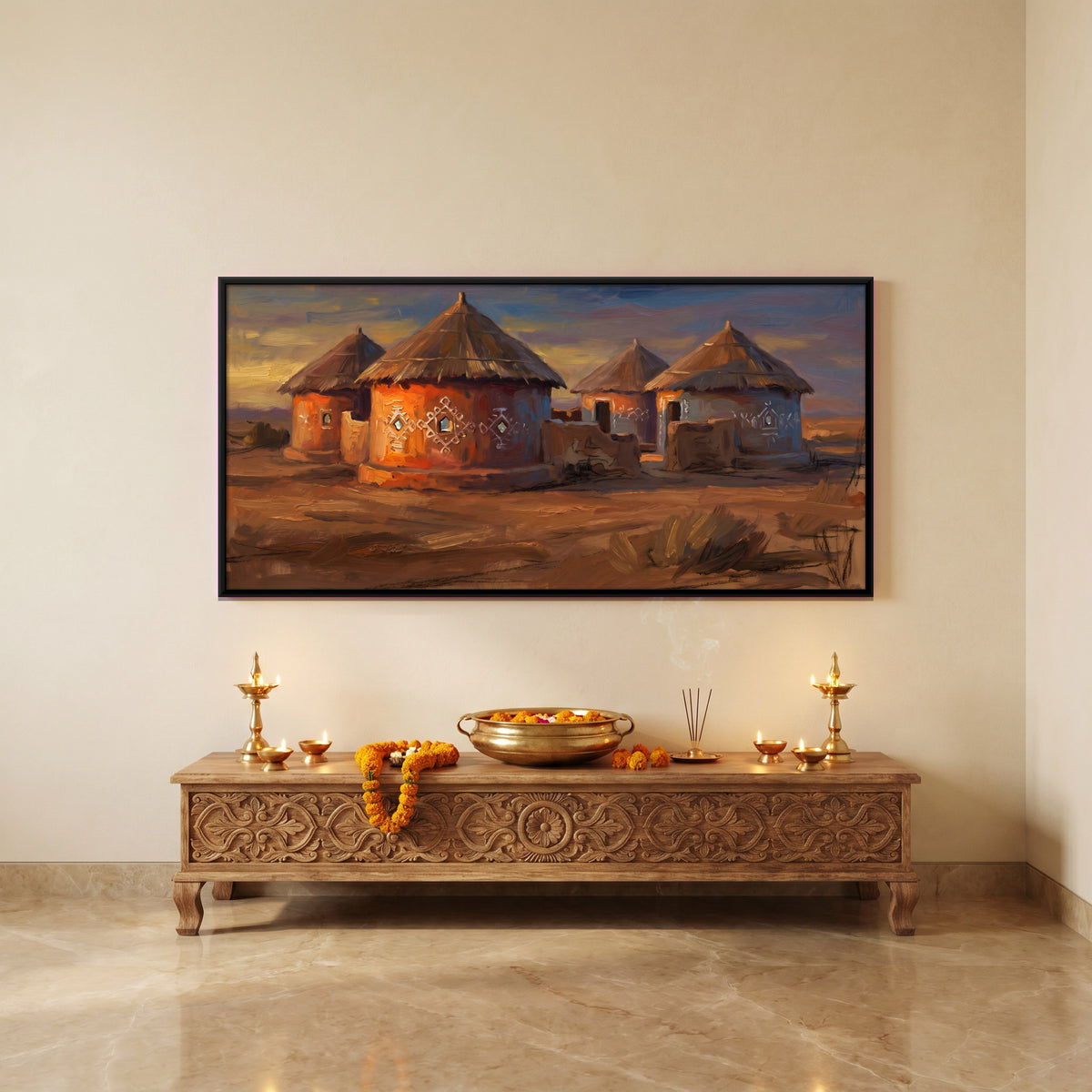 Painted Mud Huts at Dusk - canvas art shown in a styled room