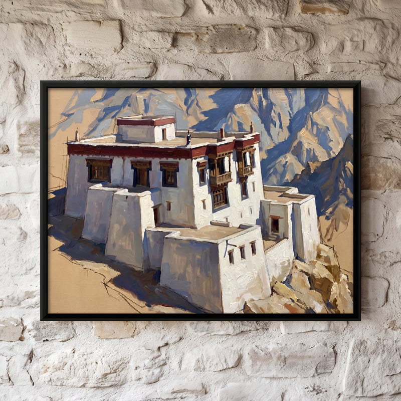 Himalayan Monastery - framed canvas art hung on a wall