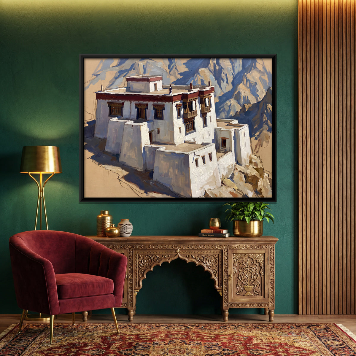 Himalayan Monastery - canvas art shown in a styled room