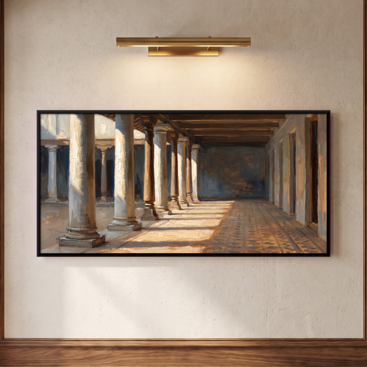 Sunlit Pillared Verandah - framed canvas art hung on a wall