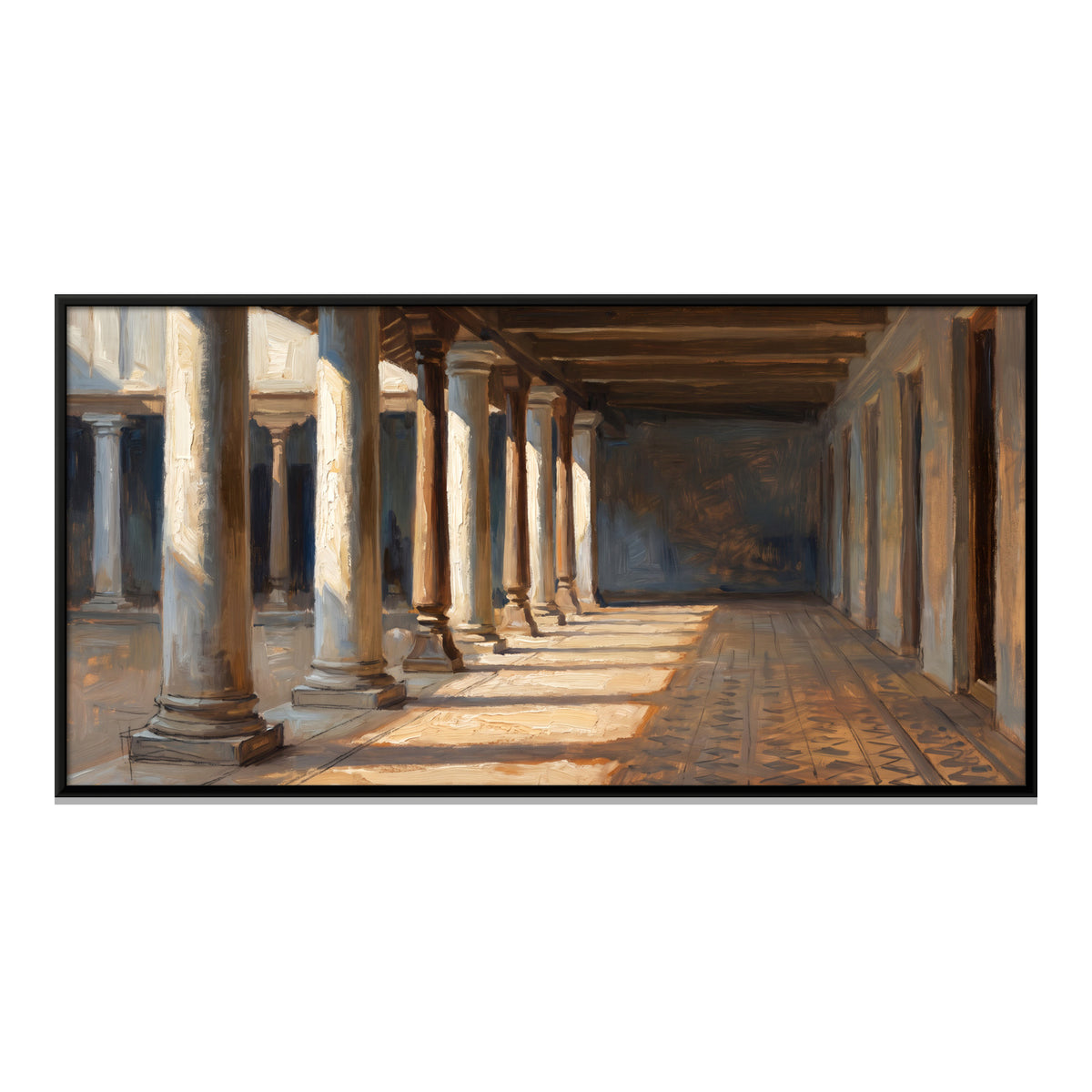 Sunlit Pillared Verandah - framed canvas print, front view