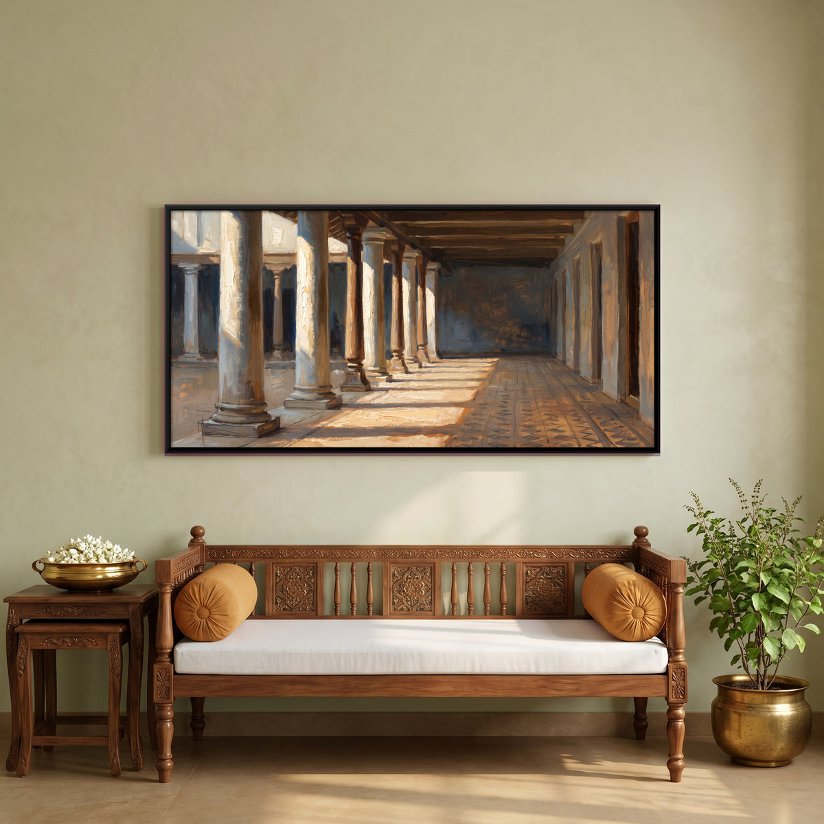Sunlit Pillared Verandah - canvas art shown in a styled room