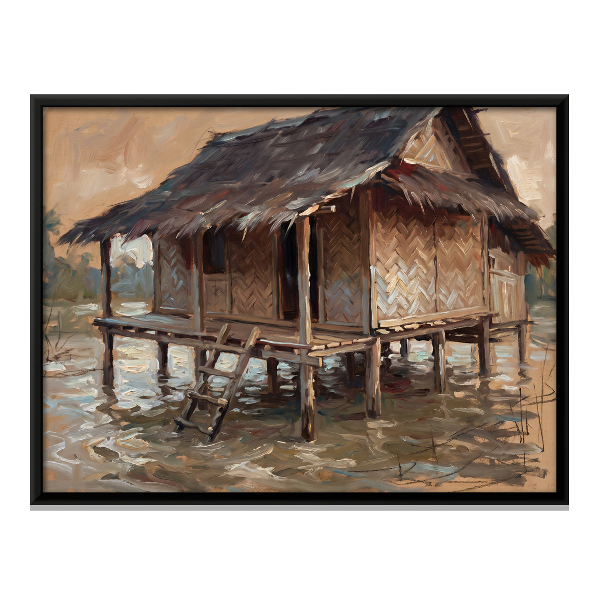 Stilt House Over Water - framed canvas print, front view