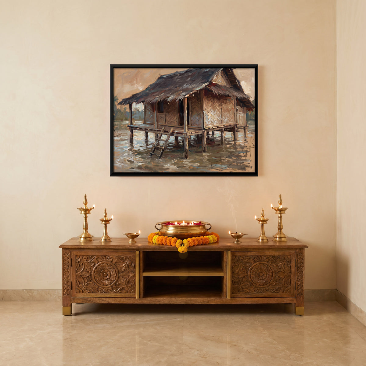 Stilt House Over Water - canvas art shown in a styled room