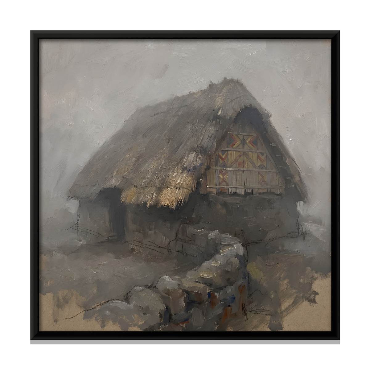 Thatched Hut in the Mist - framed canvas print, front view