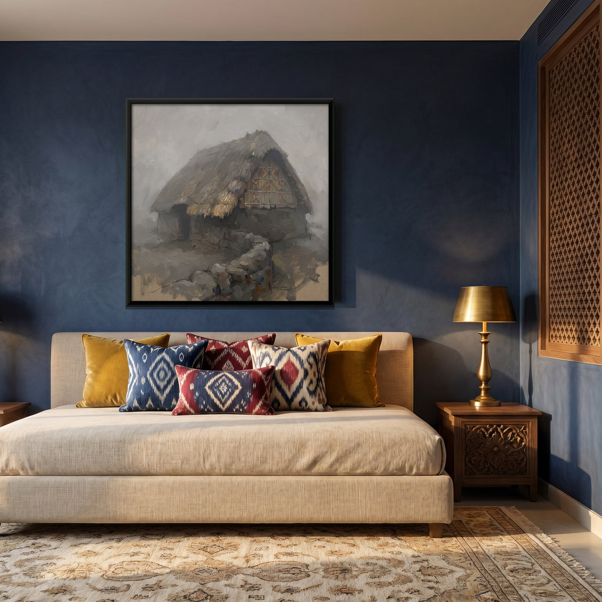Thatched Hut in the Mist - canvas art shown in a second room setting