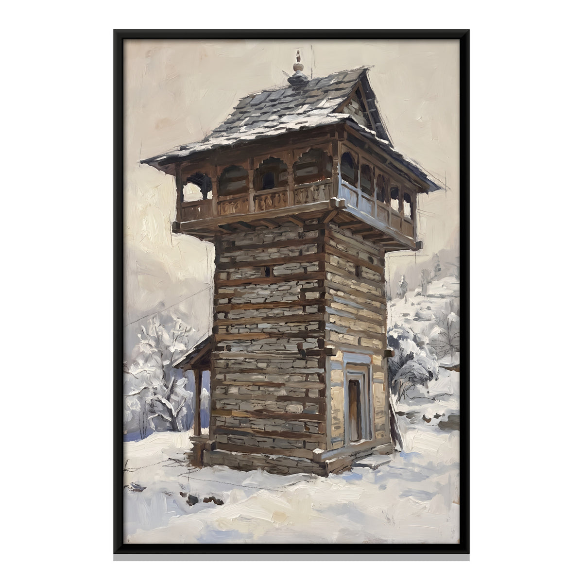 Himalayan Timber Tower in Snow - framed canvas print, front view