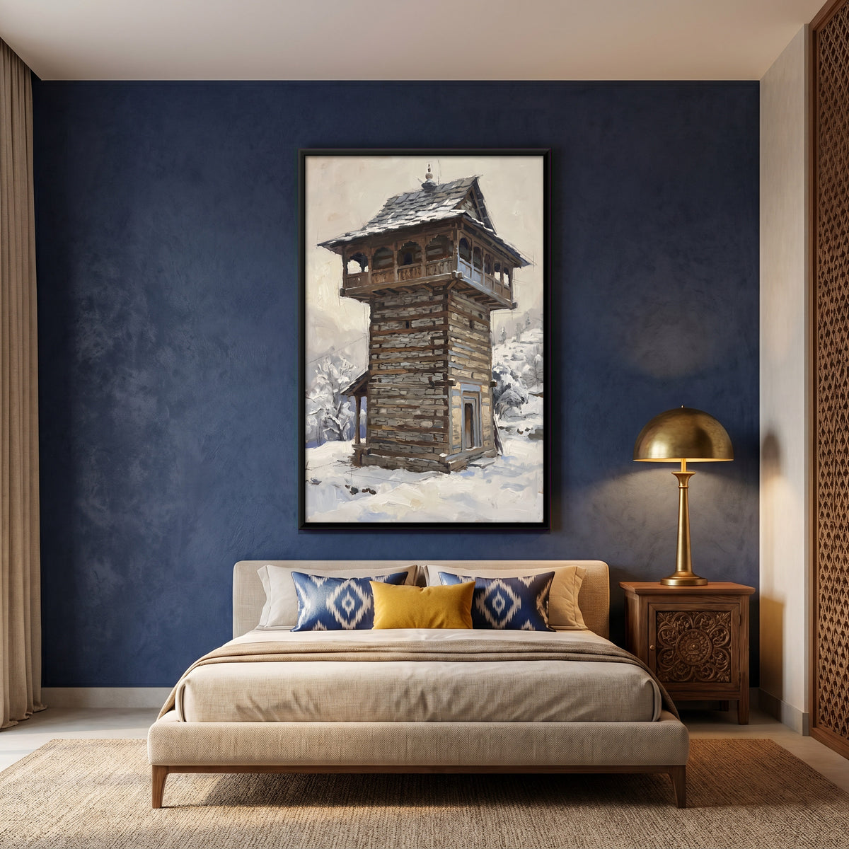 Himalayan Timber Tower in Snow - canvas art shown in a styled room