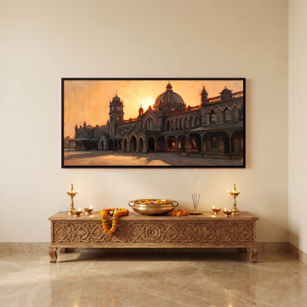 Colonial Railway Station - canvas art shown in a styled room
