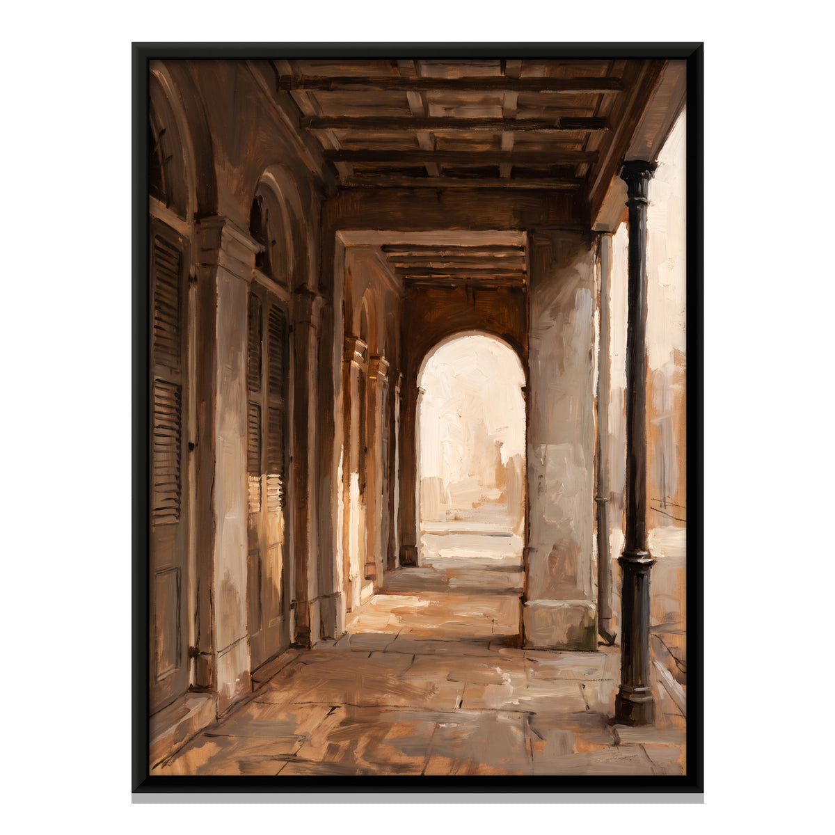 Sunlit Colonnaded Veranda - framed canvas print, front view