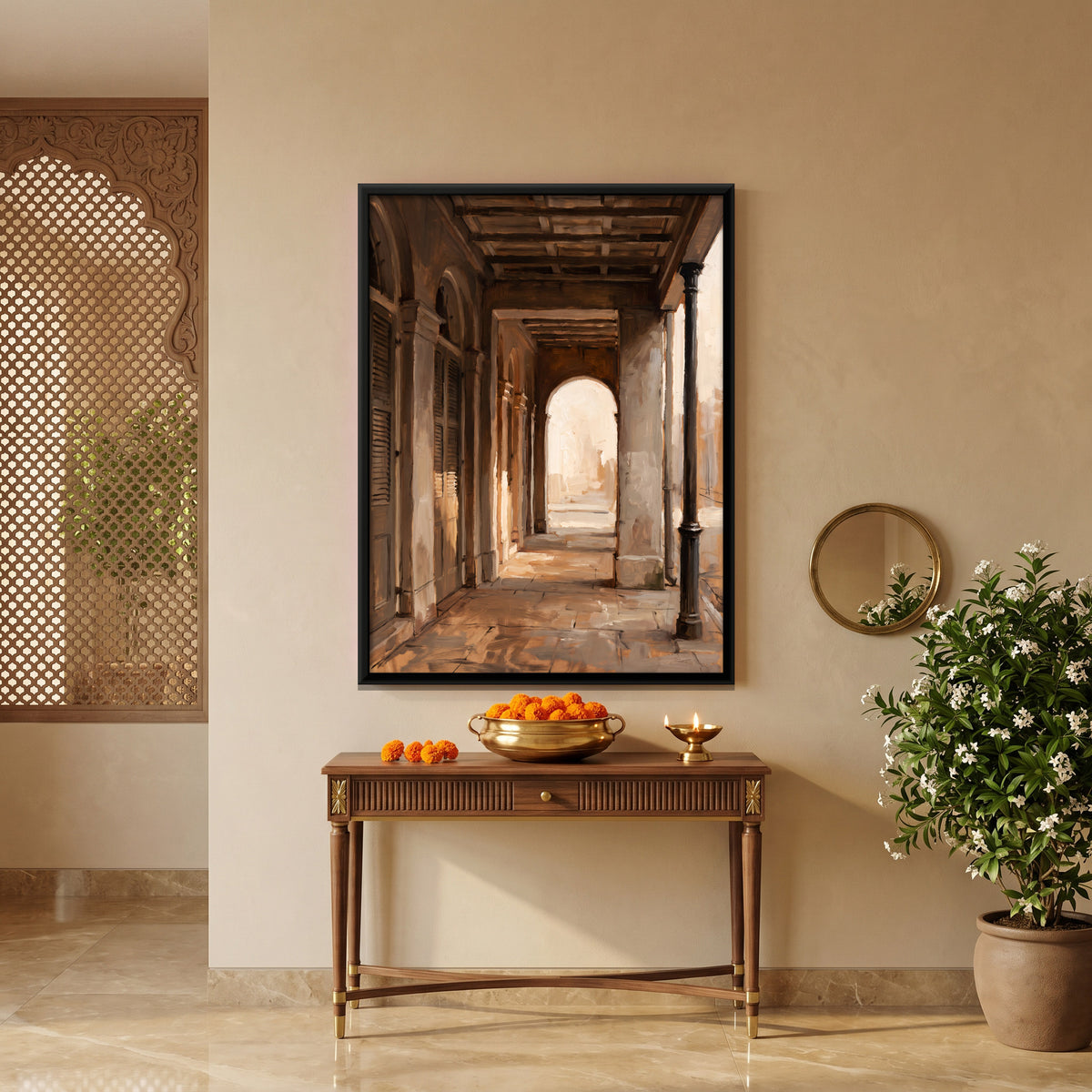 Sunlit Colonnaded Veranda - canvas art shown in a second room setting