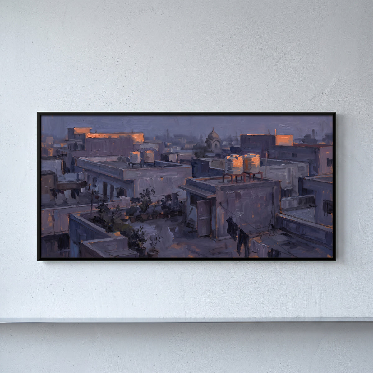 Town Rooftops at Dusk - framed canvas art hung on a wall