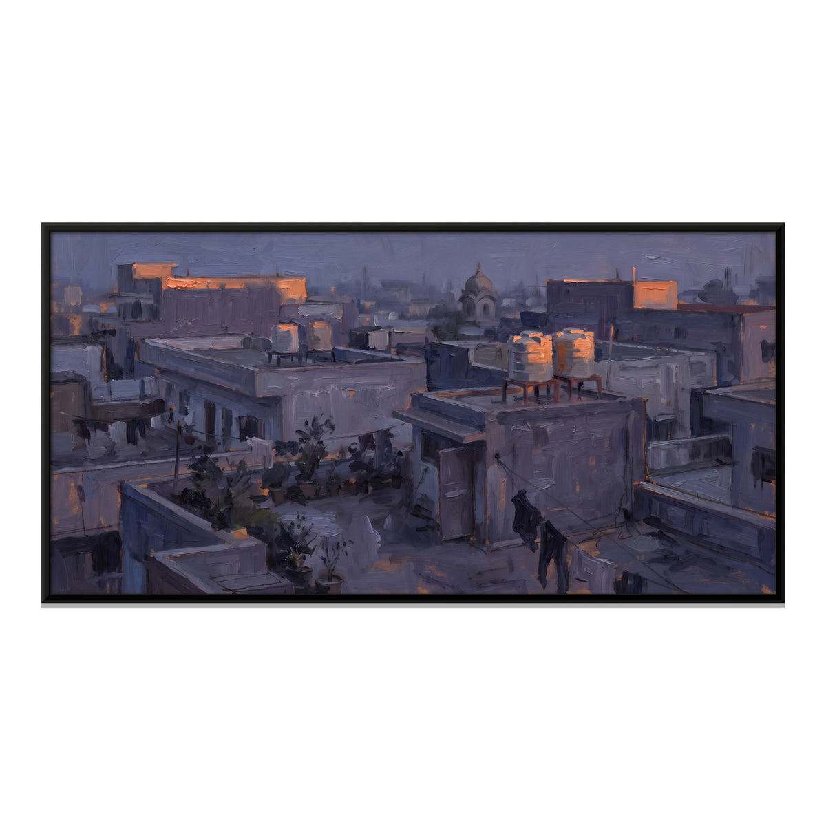 Town Rooftops at Dusk - framed canvas print, front view