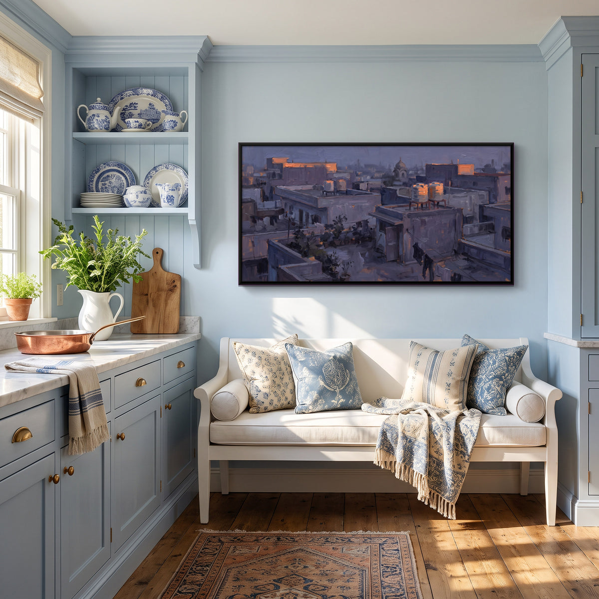 Town Rooftops at Dusk - canvas art shown in a styled room