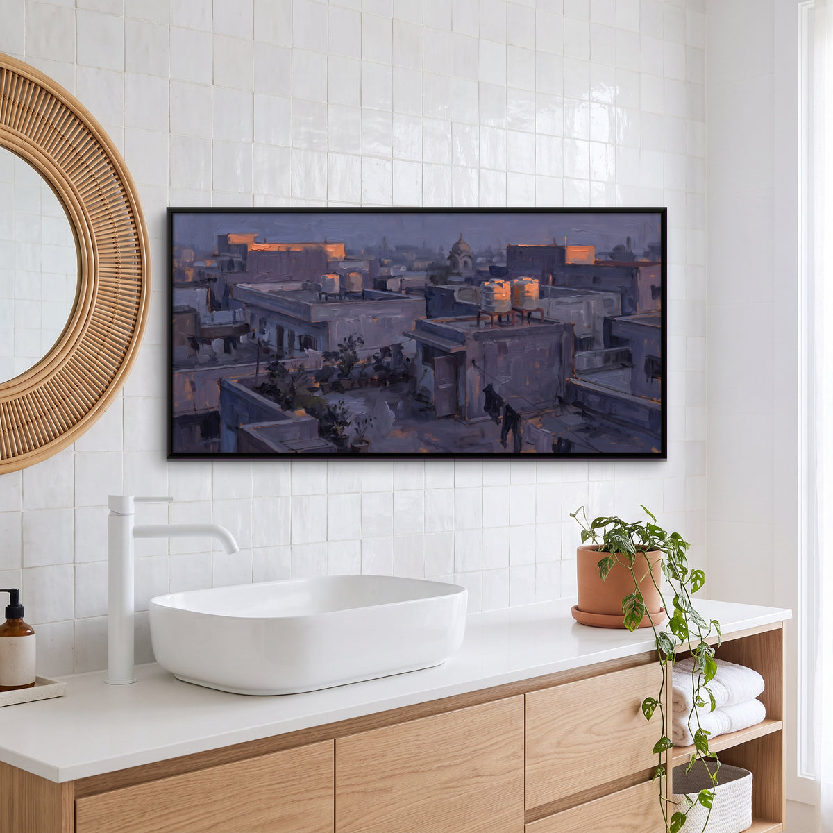 Town Rooftops at Dusk - canvas art shown in a second room setting