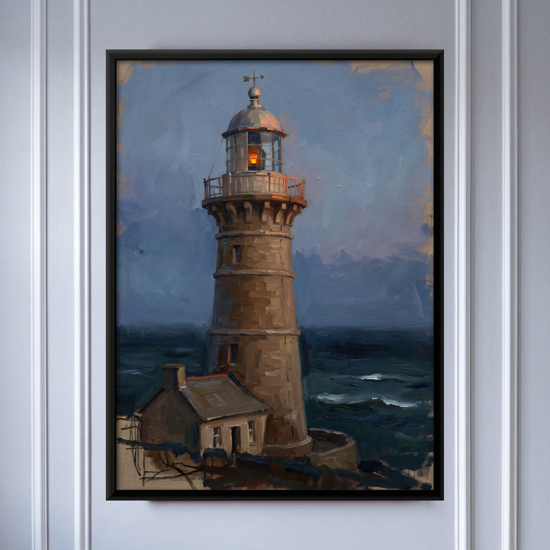 Stone Lighthouse at Dusk - framed canvas art hung on a wall