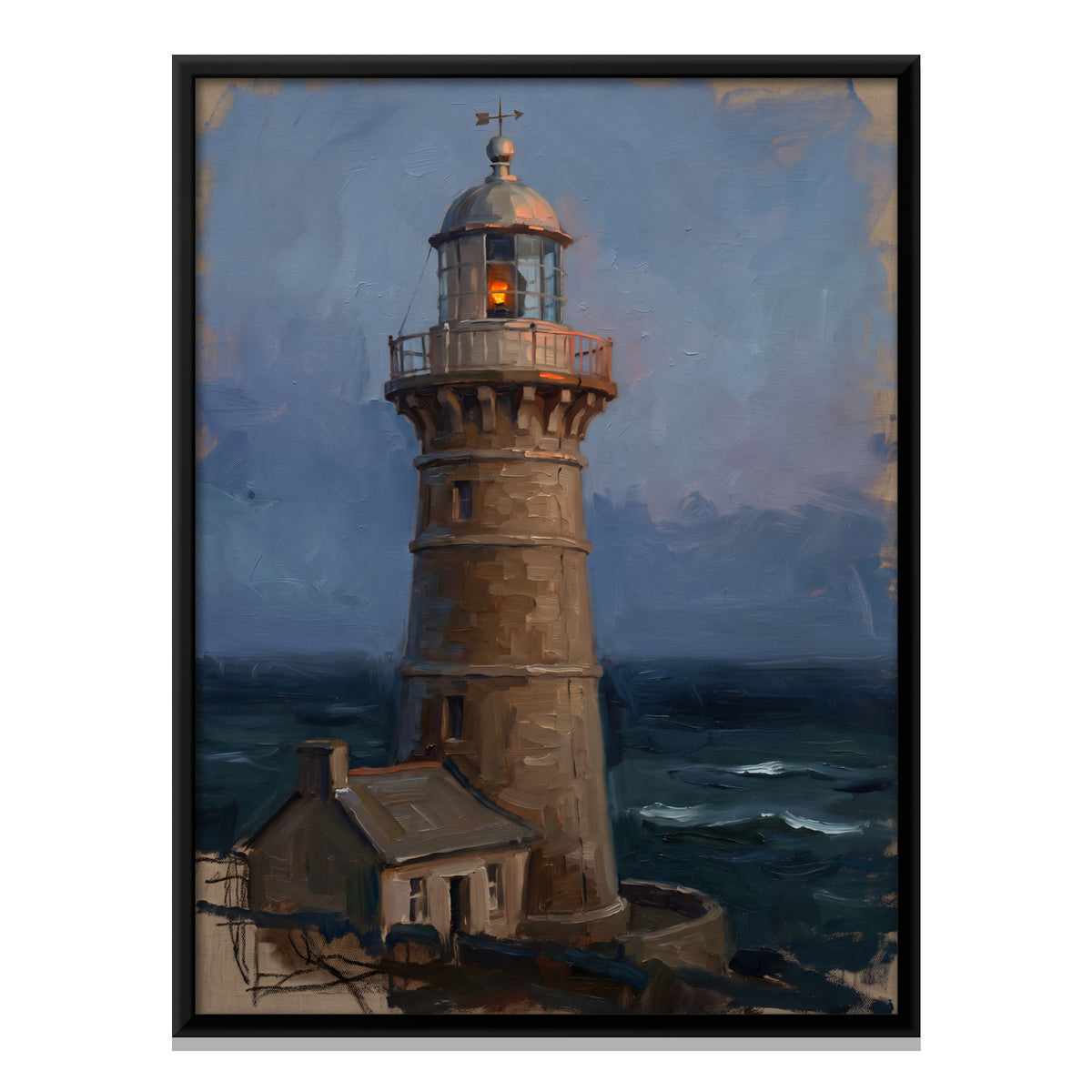 Stone Lighthouse at Dusk - framed canvas print, front view
