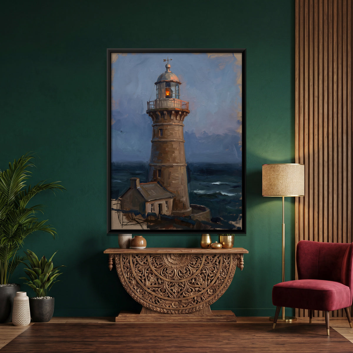 Stone Lighthouse at Dusk - canvas art shown in a styled room