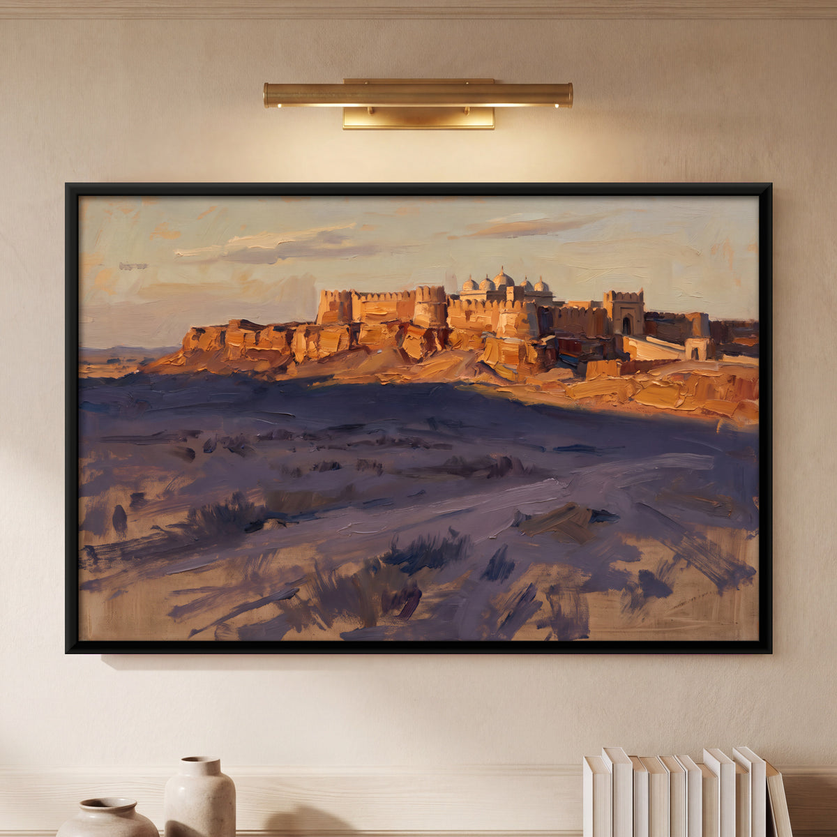 Hilltop Desert Fort - framed canvas art hung on a wall