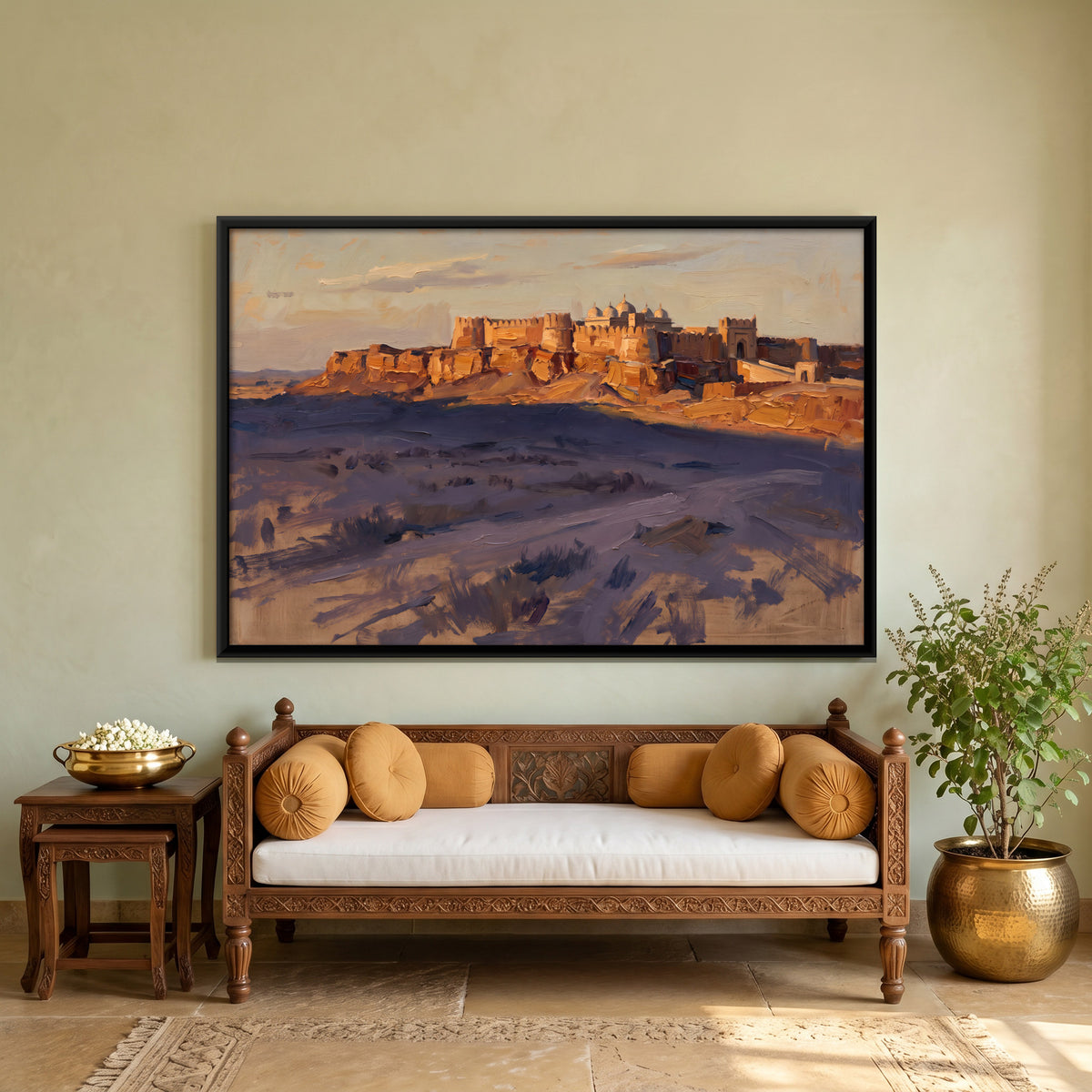Hilltop Desert Fort - canvas art shown in a styled room