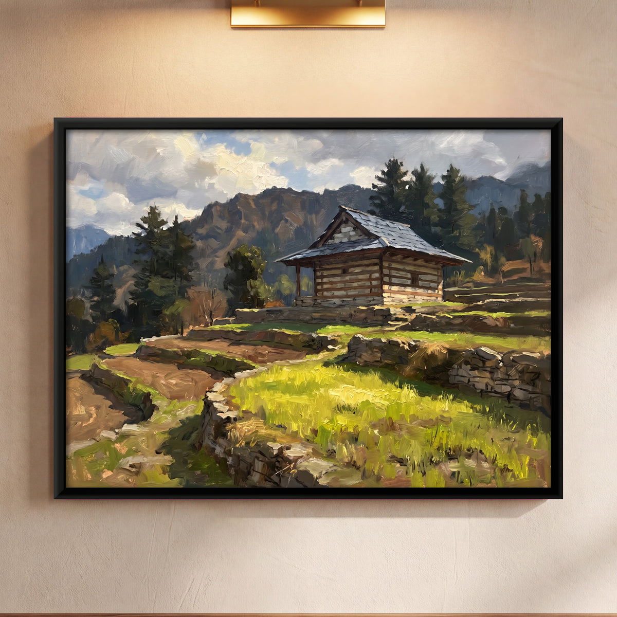 Himalayan House in Terraced Fields - framed canvas art hung on a wall