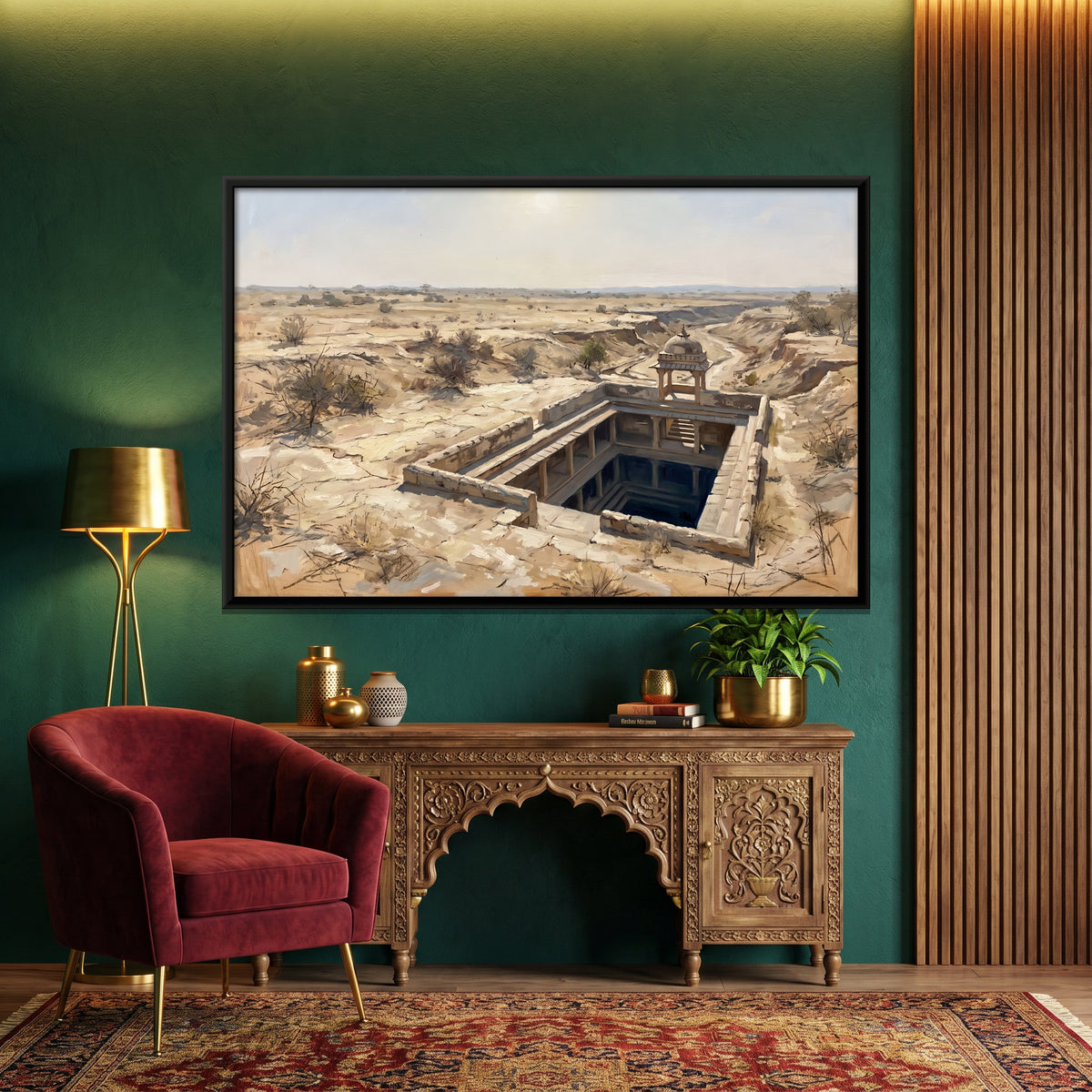 Stepwell in Dry Scrubland - canvas art shown in a styled room