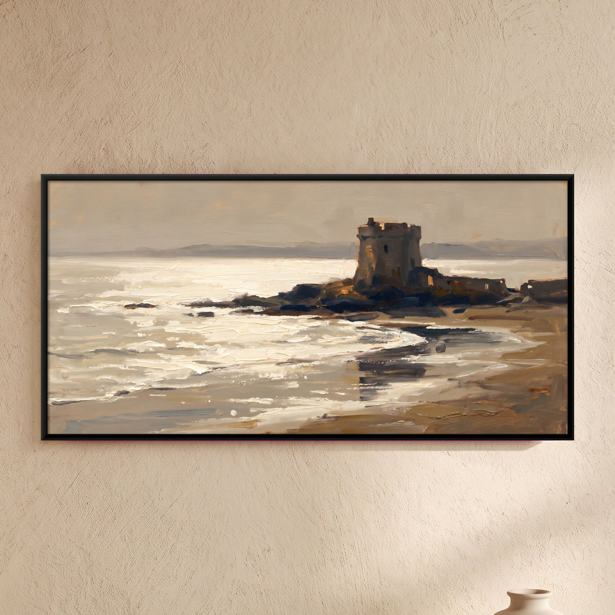 Ruined Watchtower by the Sea - framed canvas art hung on a wall