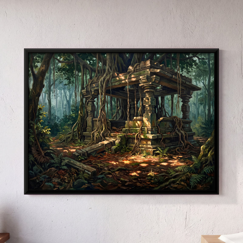 Forest Shrine in Banyan Roots - framed canvas art hung on a wall