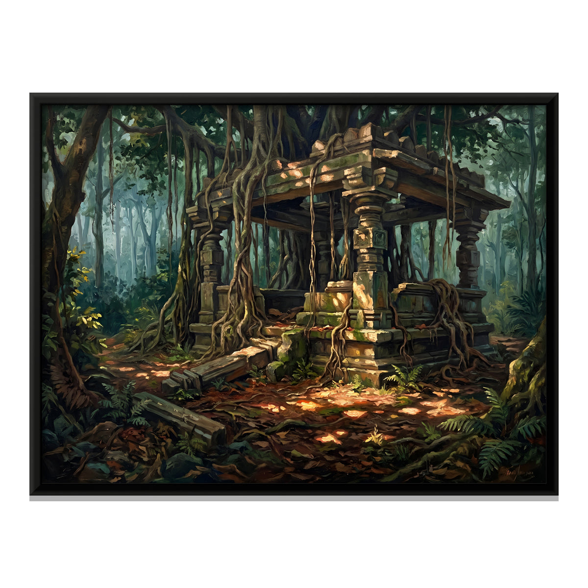 Forest Shrine in Banyan Roots - framed canvas print, front view