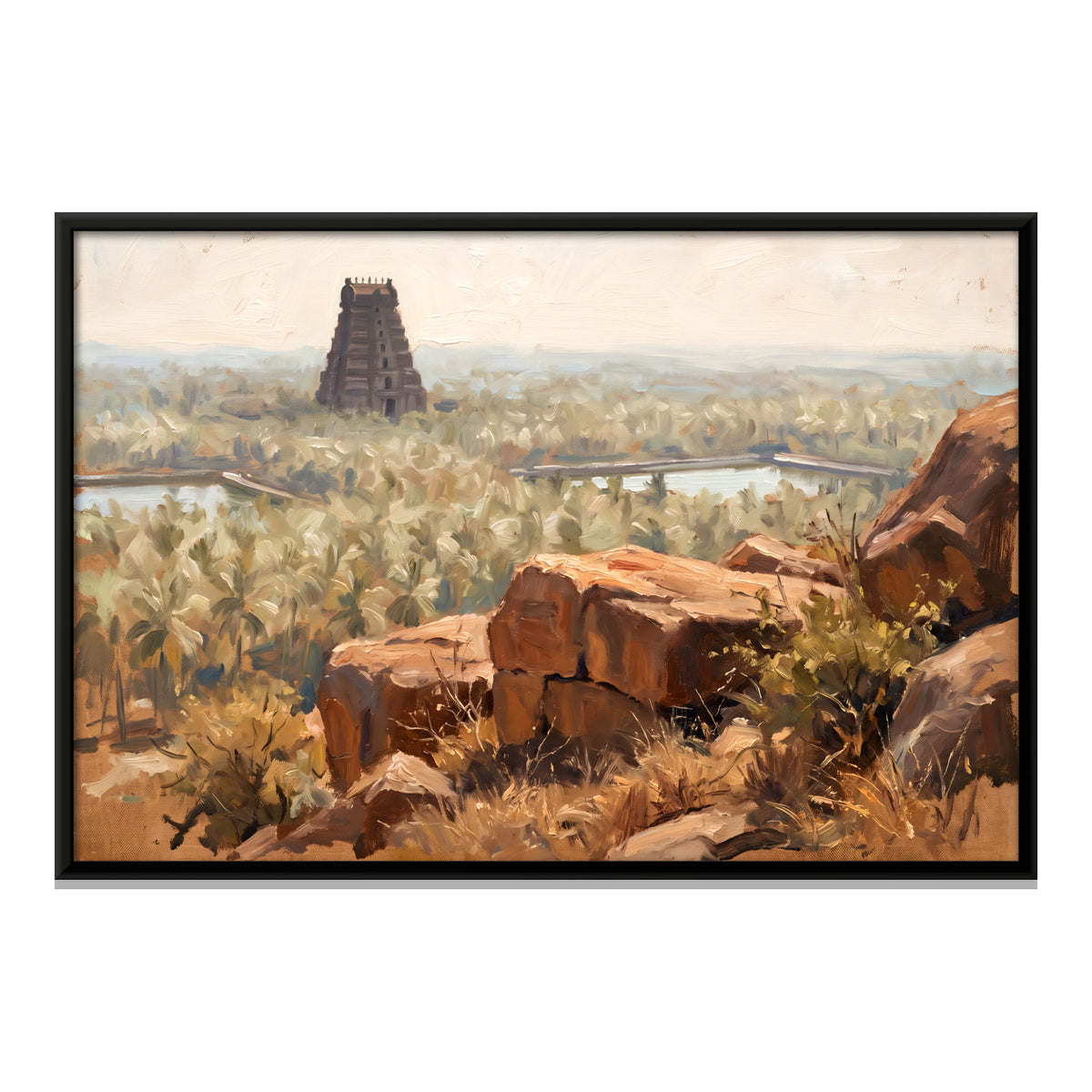 Distant Gopuram Over Palm Groves - framed canvas print, front view