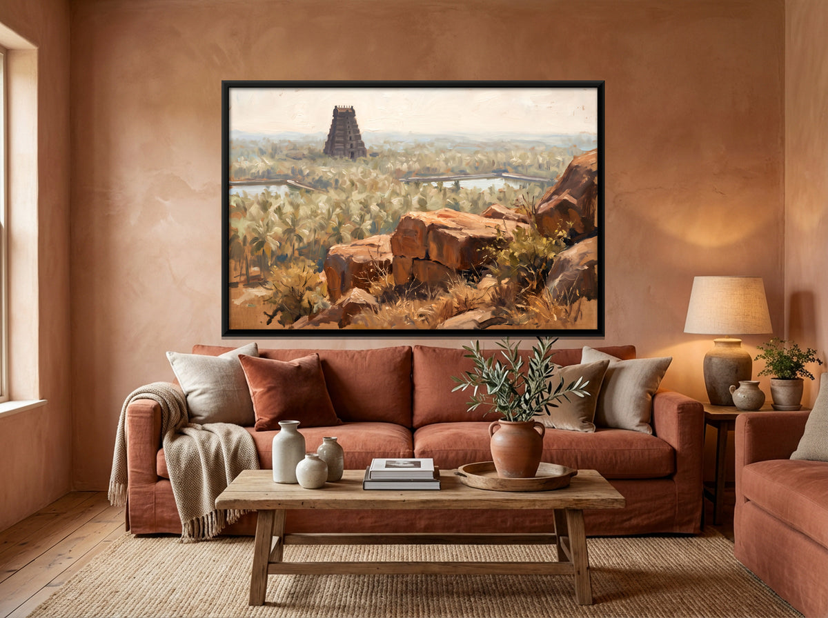 Distant Gopuram Over Palm Groves - canvas art shown in a second room setting