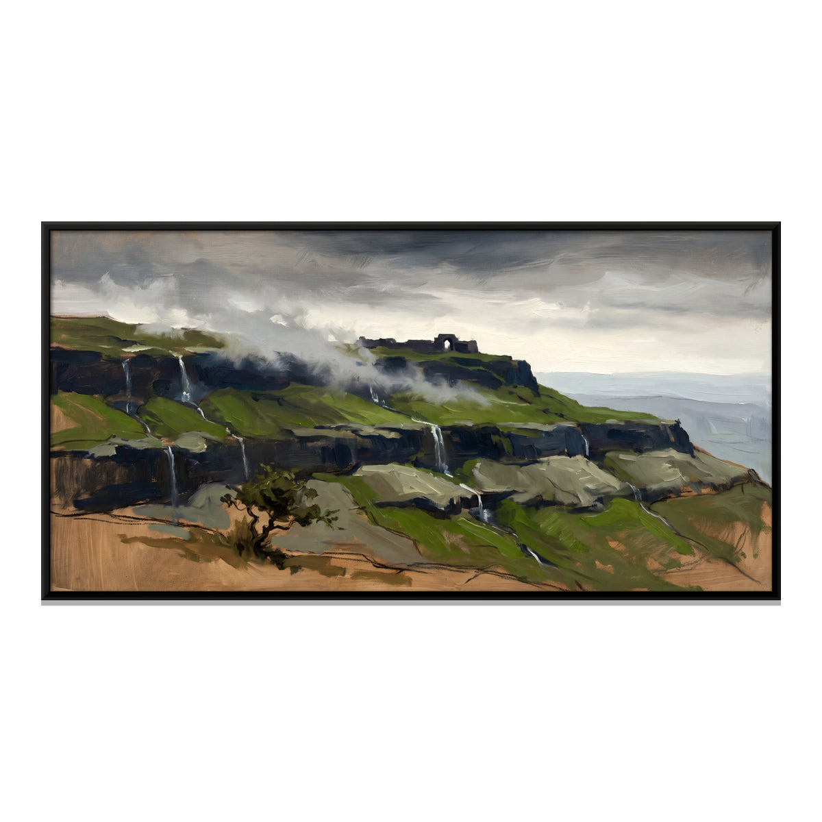 Hill Fort Above Monsoon Waterfalls - framed canvas print, front view