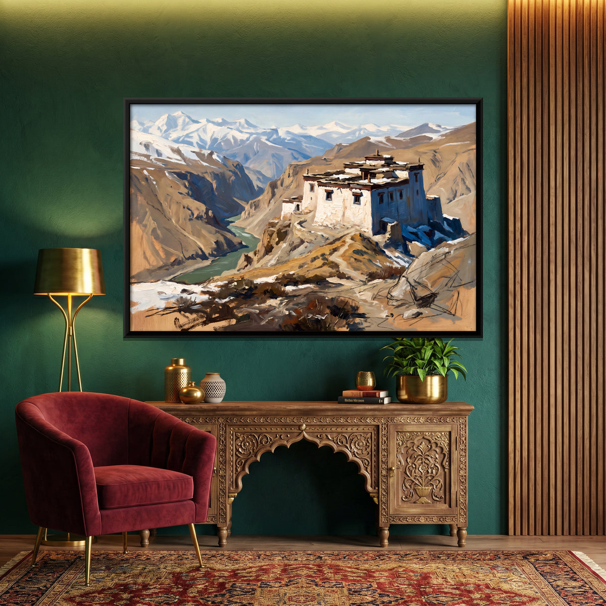 Cliffside Himalayan Monastery - canvas art shown in a styled room