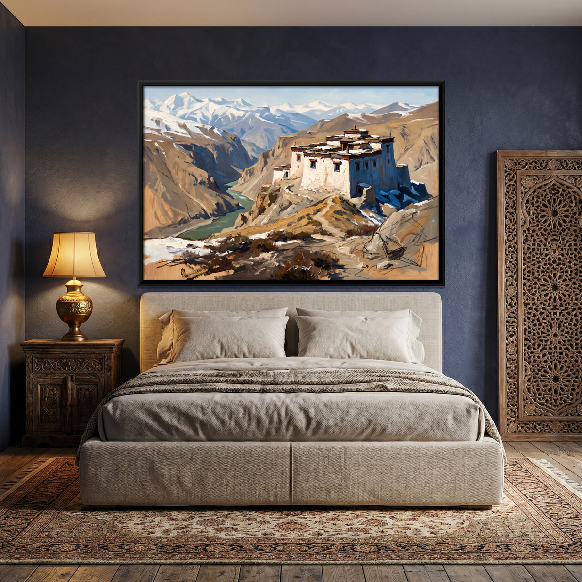 Cliffside Himalayan Monastery - canvas art shown in a second room setting
