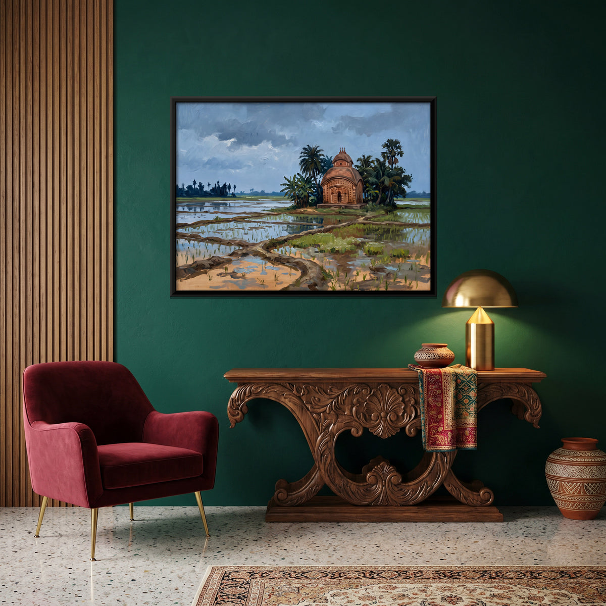 Terracotta Temple in the Paddy Fields - canvas art shown in a styled room