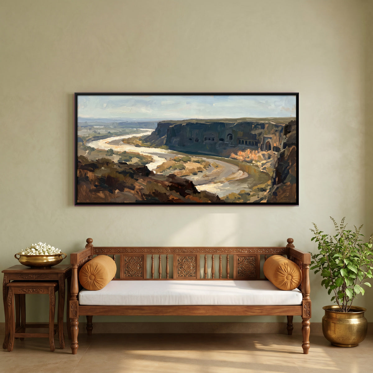 Rock-Cut Caves Above the River - canvas art shown in a styled room