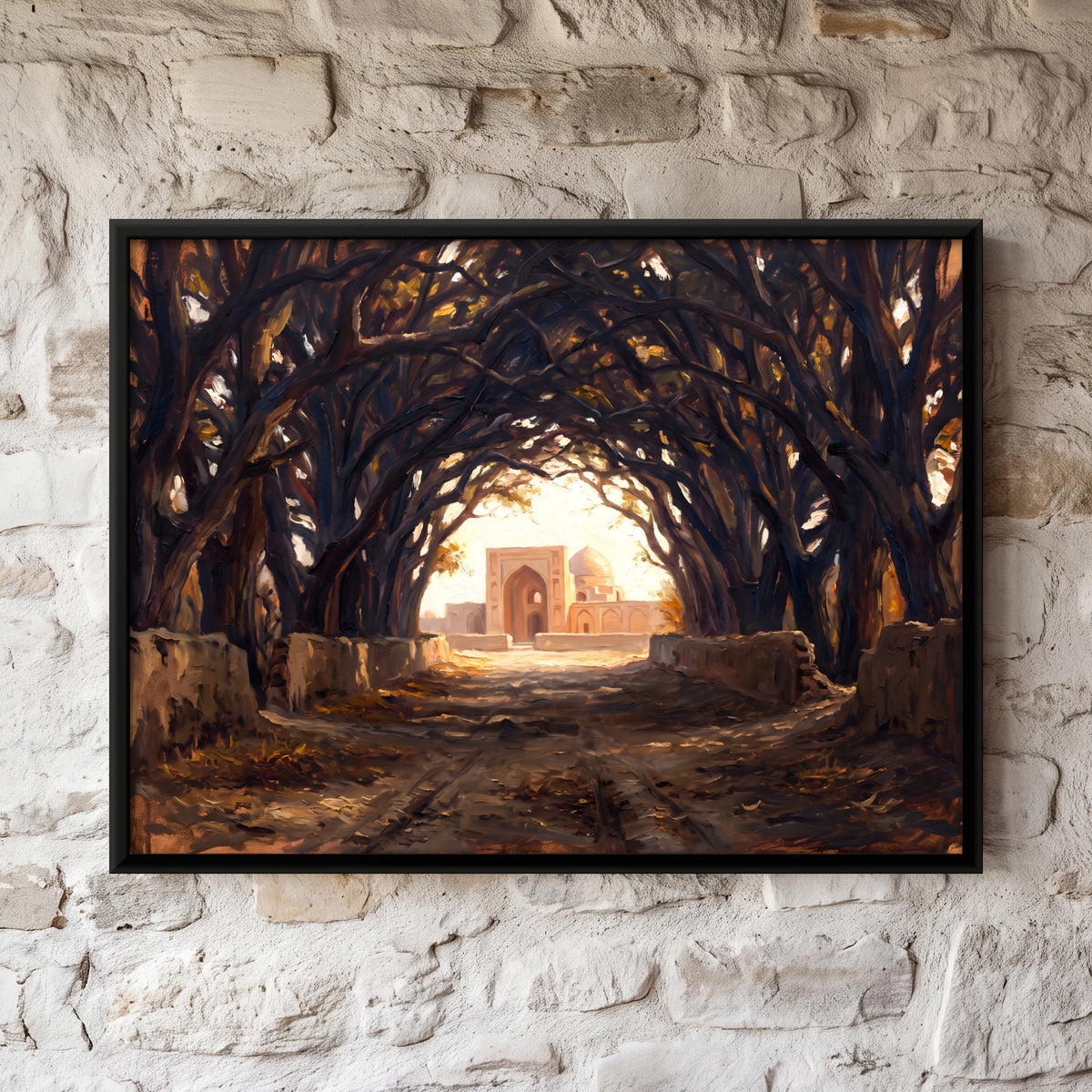 Avenue of Arching Trees - framed canvas art hung on a wall