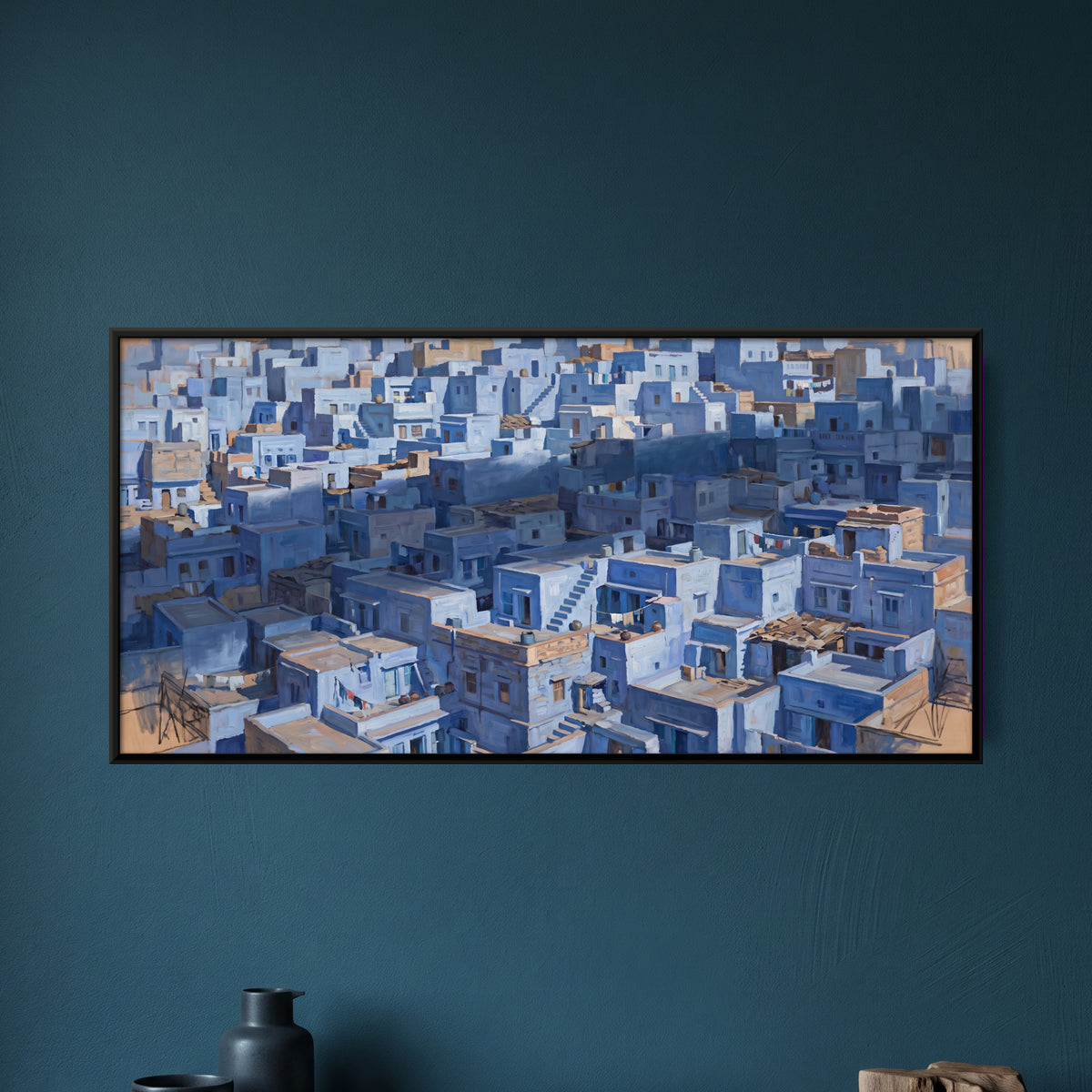 Jodhpur Blue City Rooftops - framed canvas art hung on a wall