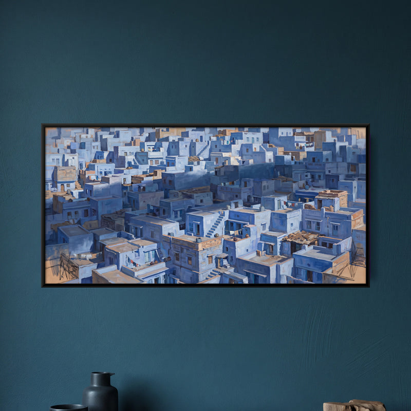 Jodhpur Blue City Rooftops - framed canvas art hung on a wall