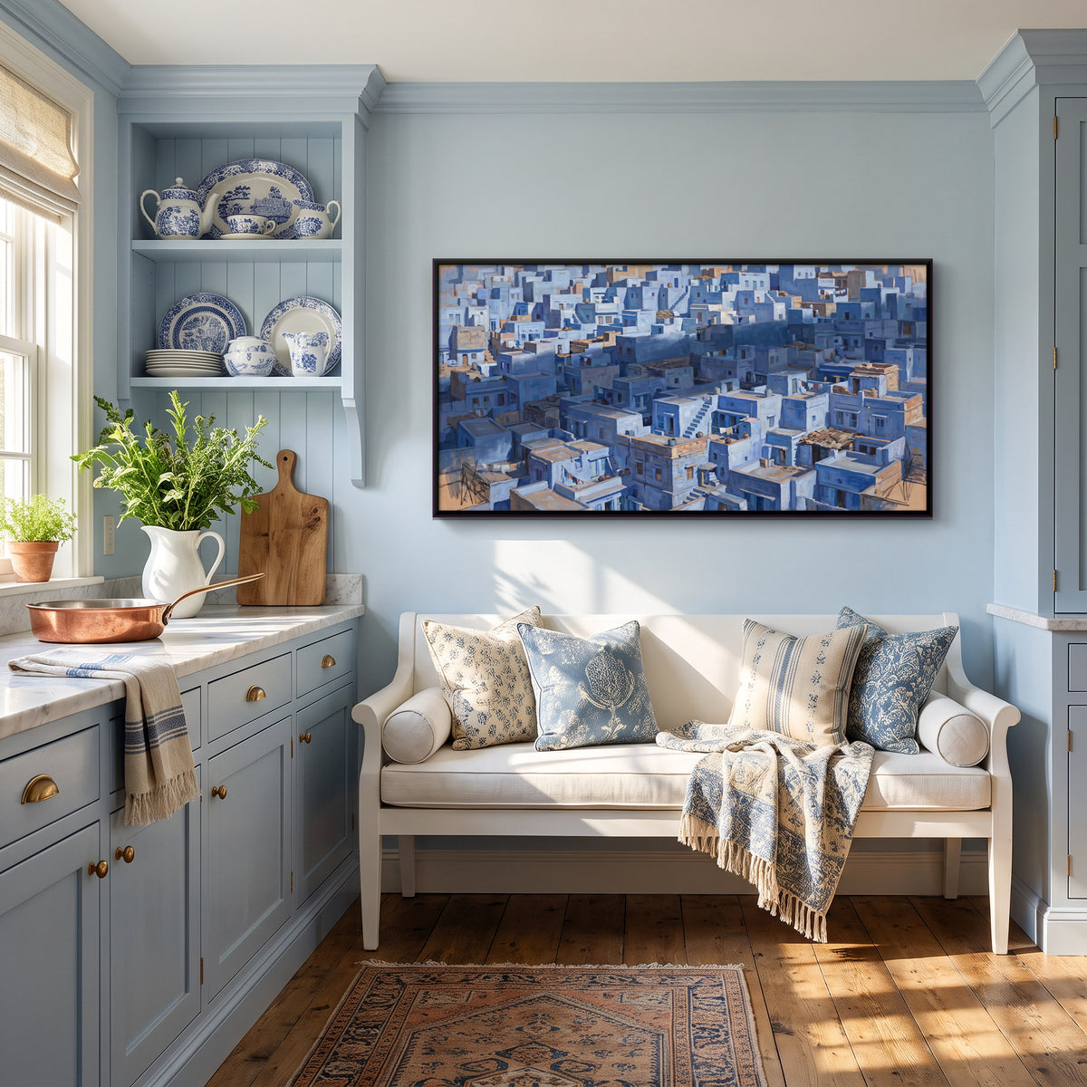 Jodhpur Blue City Rooftops - canvas art shown in a styled room