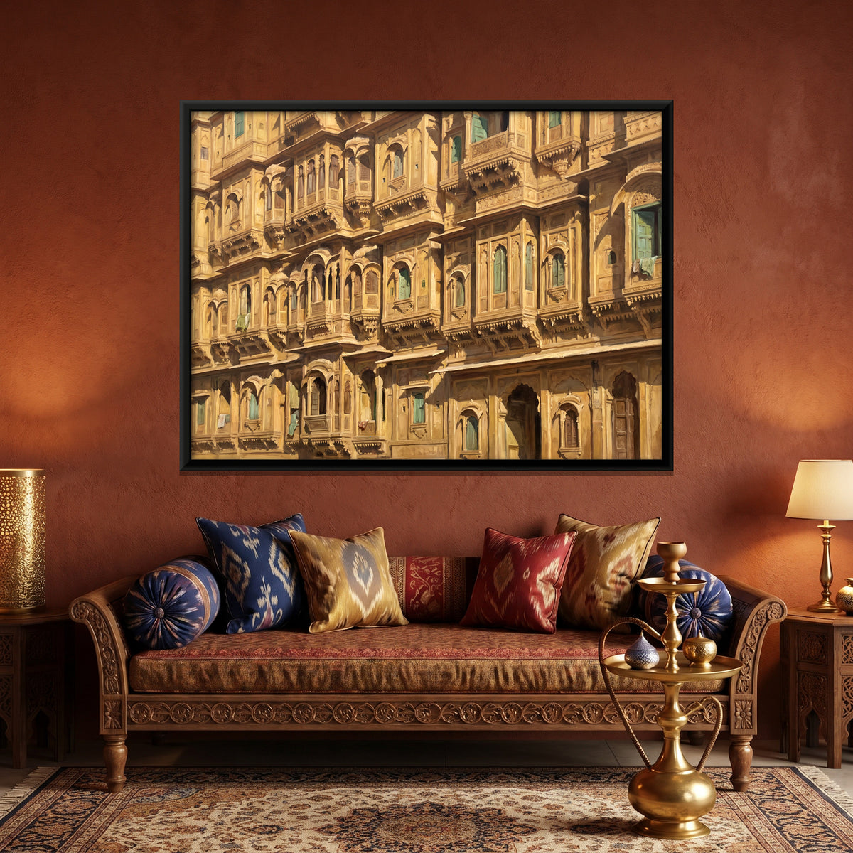 Carved Sandstone Facade - canvas art shown in a styled room