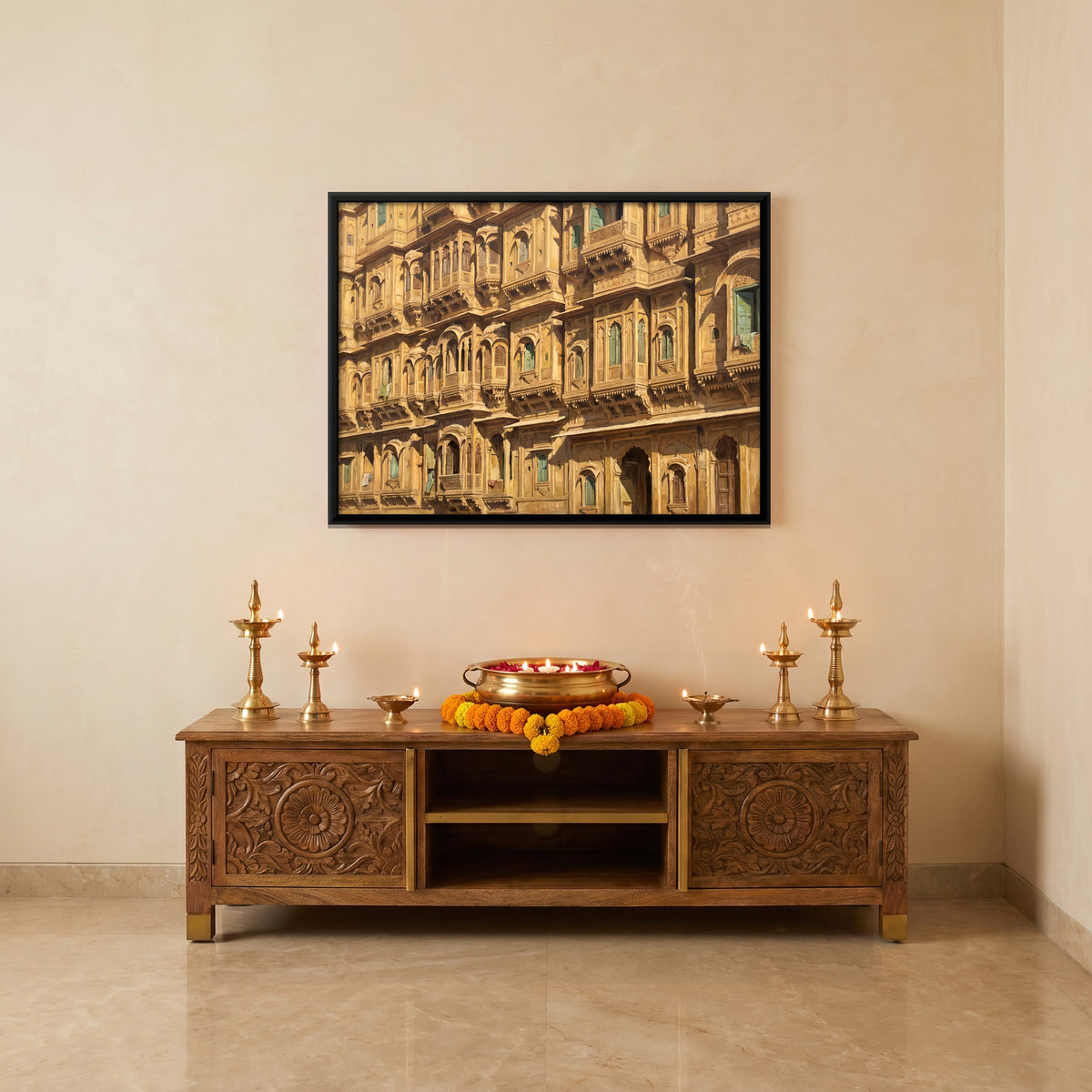Carved Sandstone Facade - canvas art shown in a second room setting