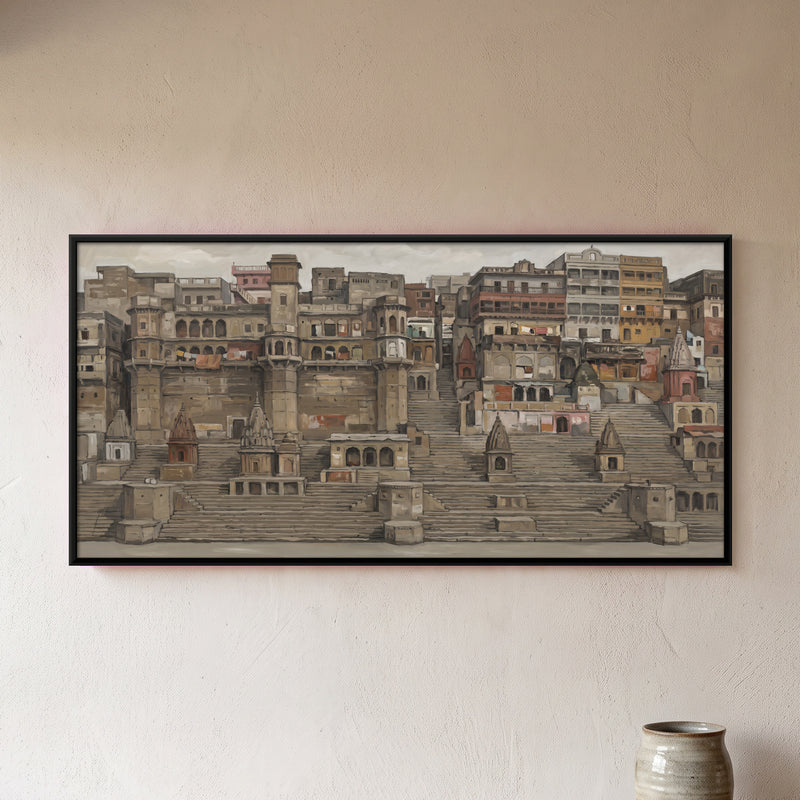 Varanasi Ghats - framed canvas art hung on a wall