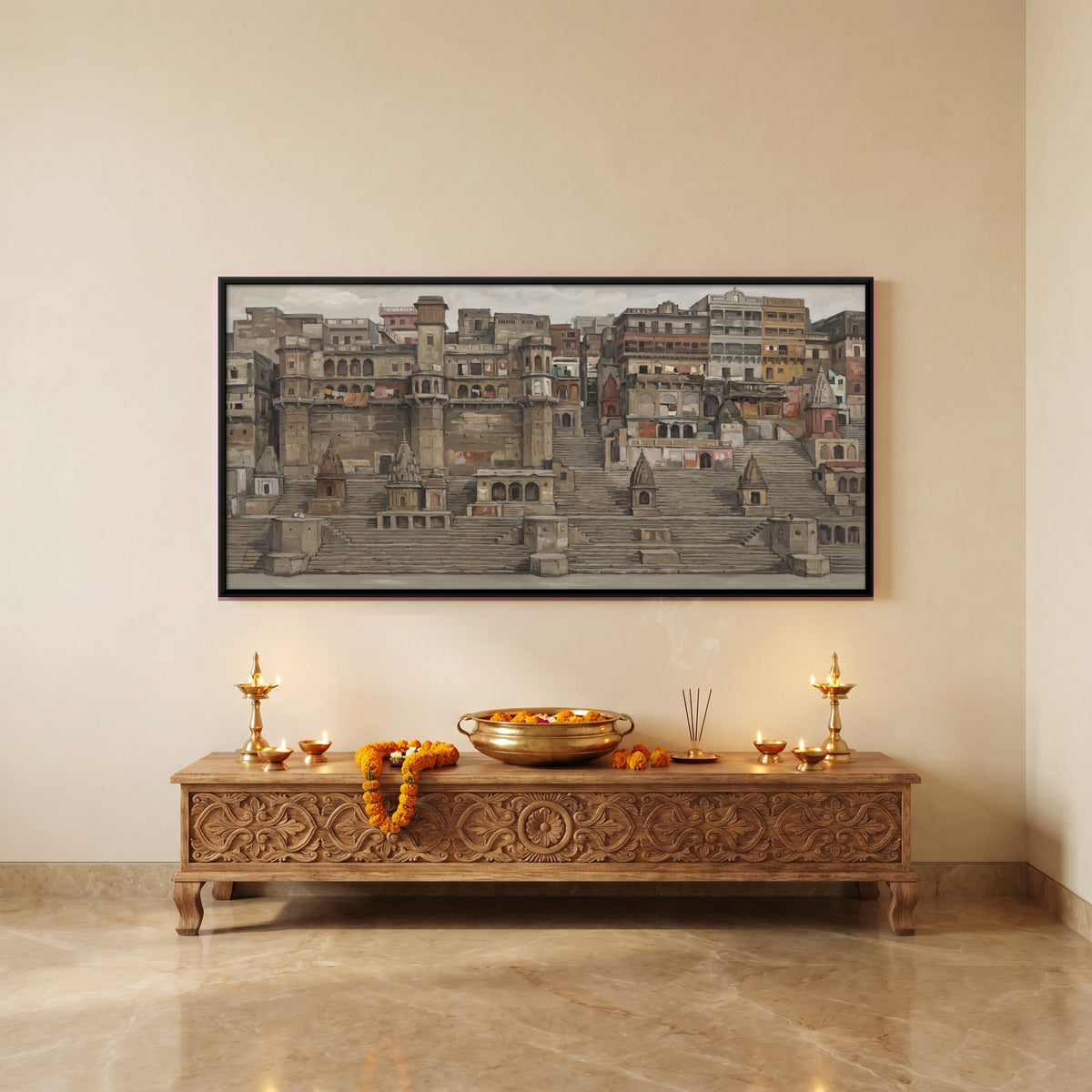 Varanasi Ghats - canvas art shown in a second room setting