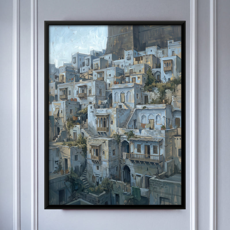 Hill Town of Stacked Houses - framed canvas art hung on a wall