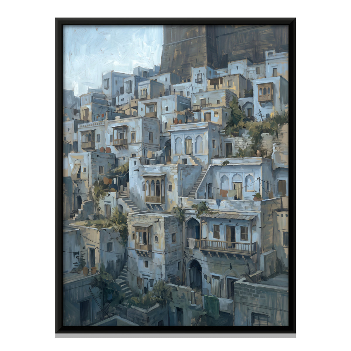 Hill Town of Stacked Houses - framed canvas print, front view