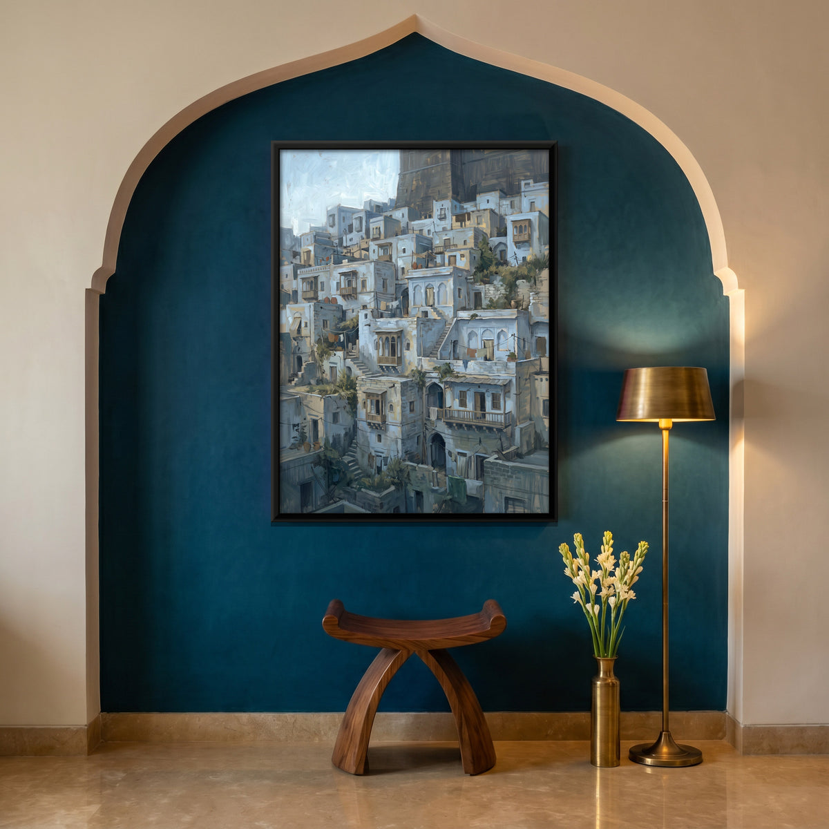 Hill Town of Stacked Houses - canvas art shown in a styled room